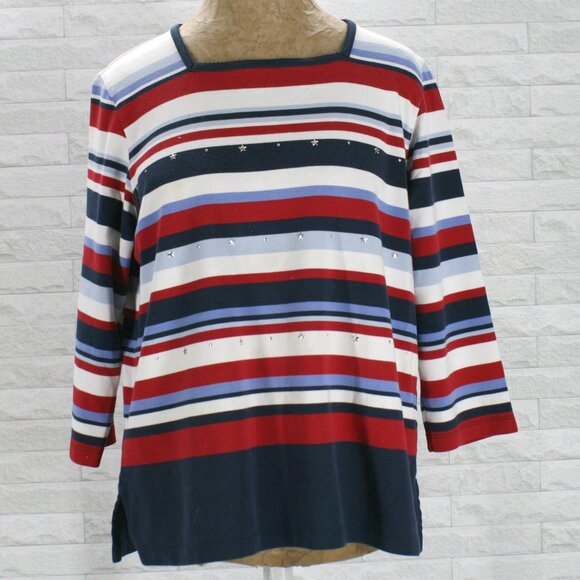 ALFRED DUNNER Sweater Patriotic Stripes Studded Red White Blue Cropped Sleeve M - Picture 1 of 12